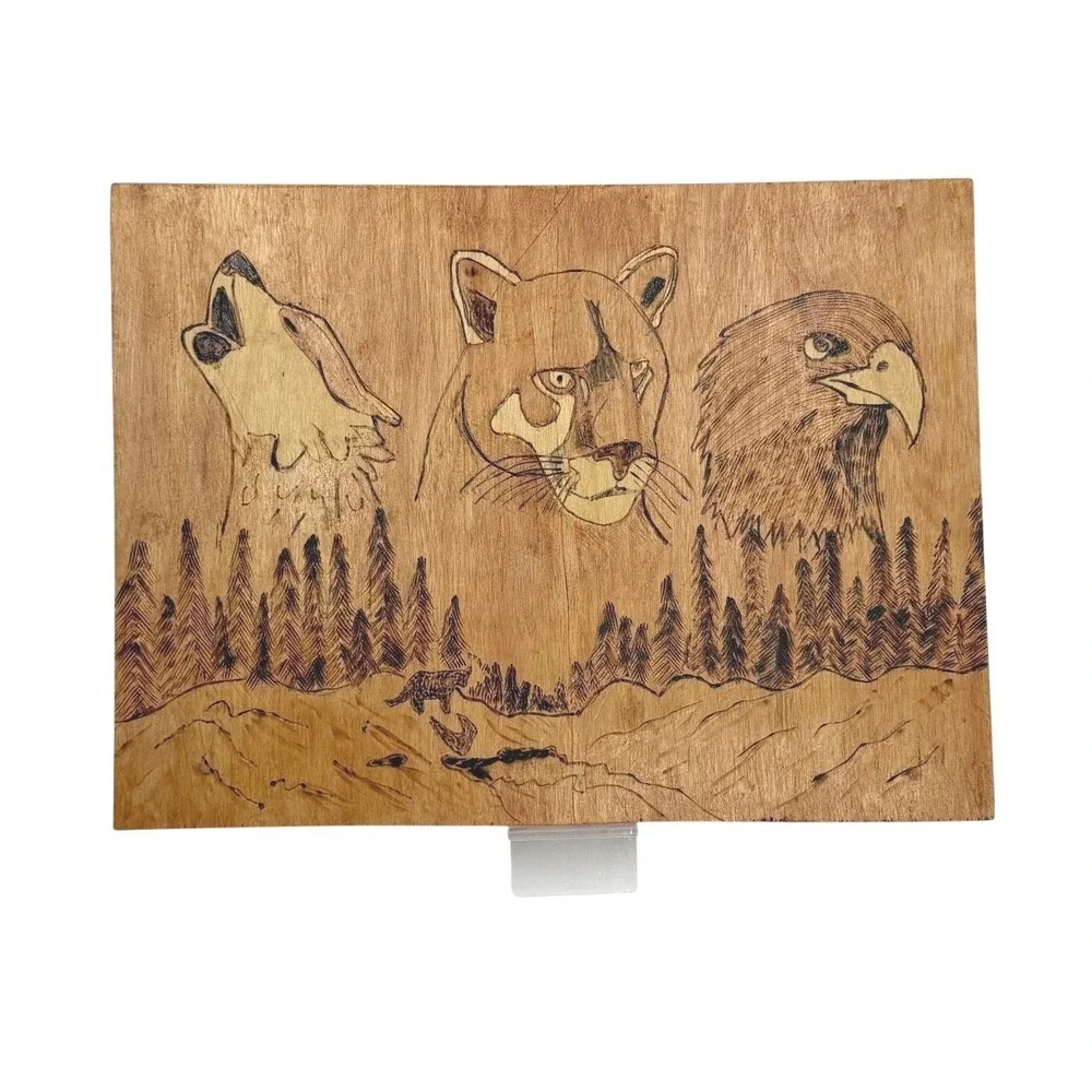 Pyrography Wood Burning Art Plaque Wall Hanging Wolf Cougar Eagle Forest Scene